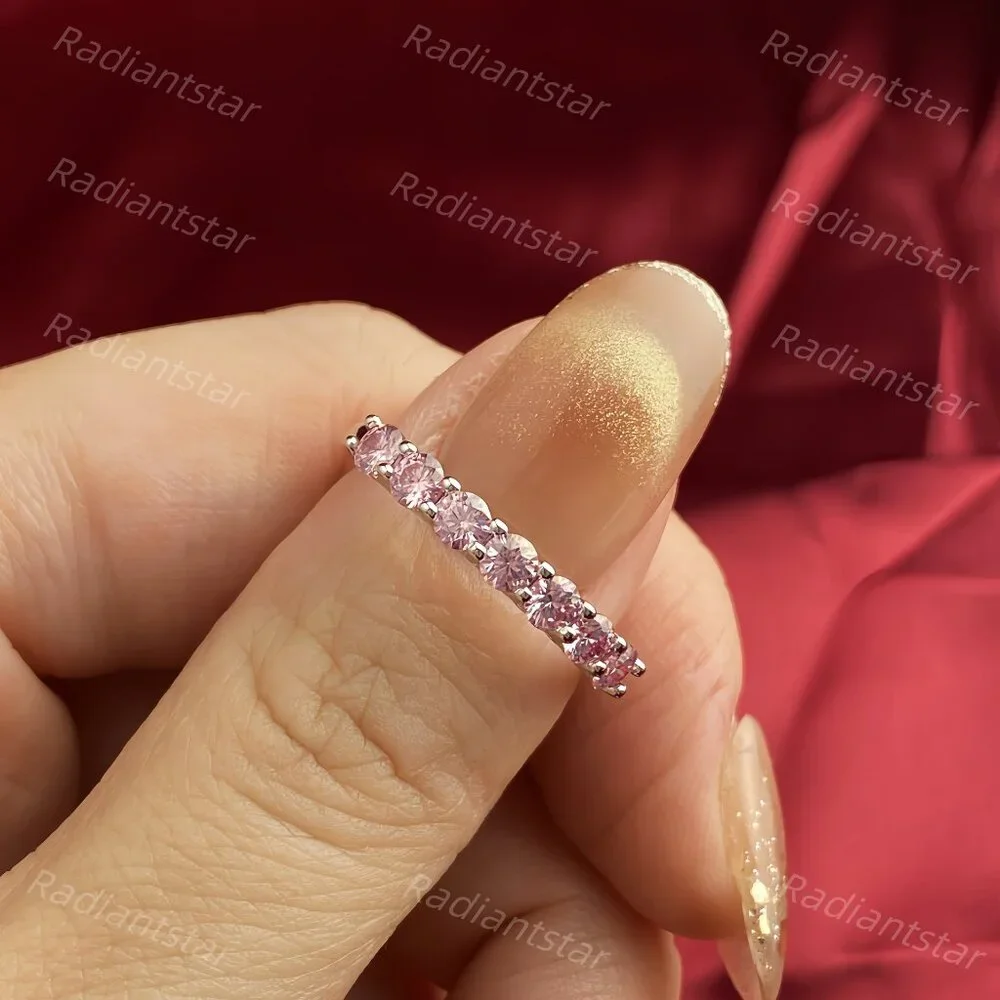 NEW Certified 3mm Pink Moissanite 7 Stone Half Eternity Band Ring